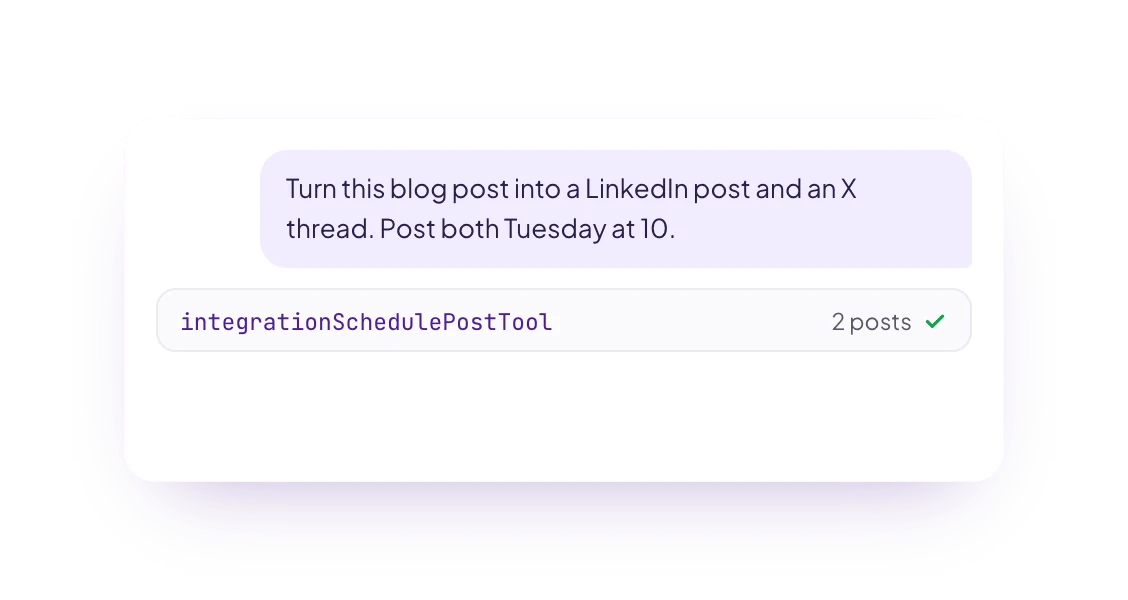 A chat asking for a LinkedIn post and an X thread on Tuesday at 10, and the PostQueen tool that scheduled both