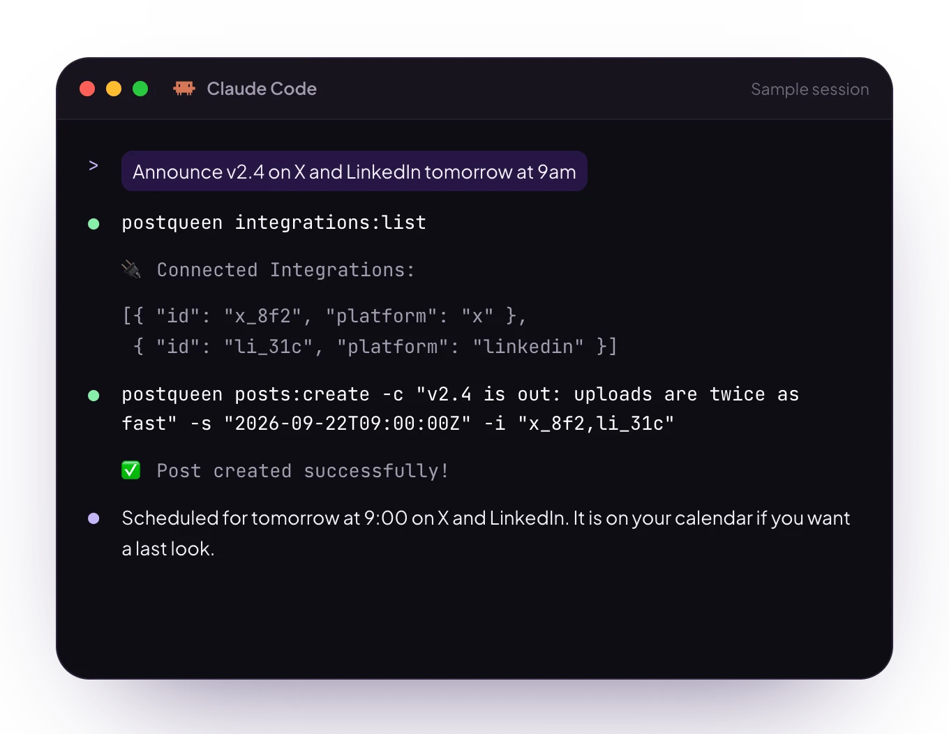 Claude Code scheduling a post for X and LinkedIn with the postqueen CLI