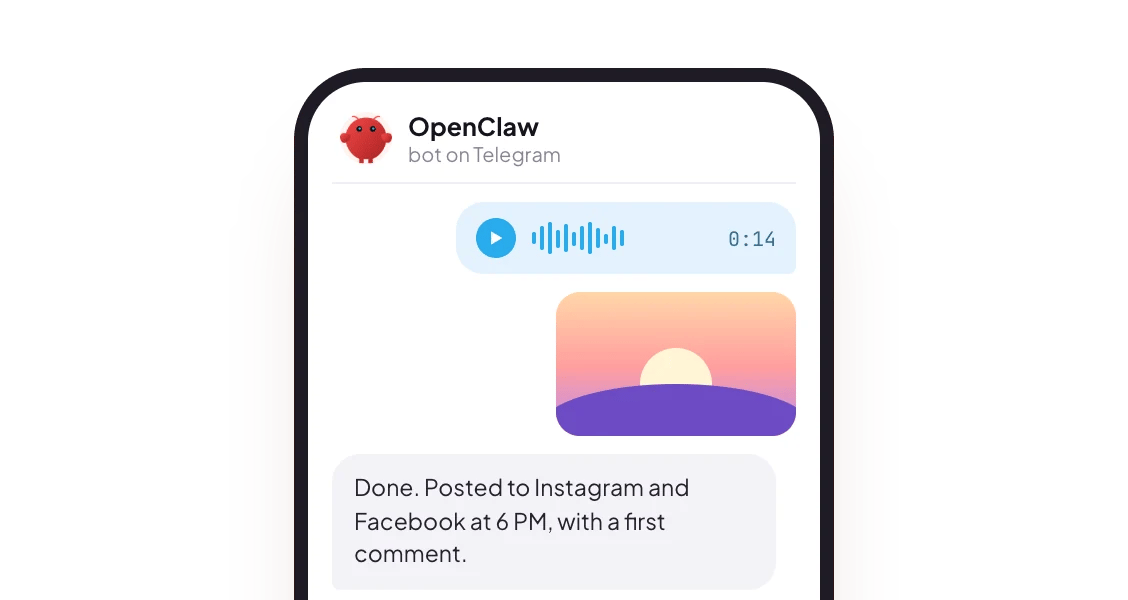 A Telegram chat with an OpenClaw bot: a voice note and a photo, and the reply that the post went to Instagram and Facebook at 6 PM with a first comment