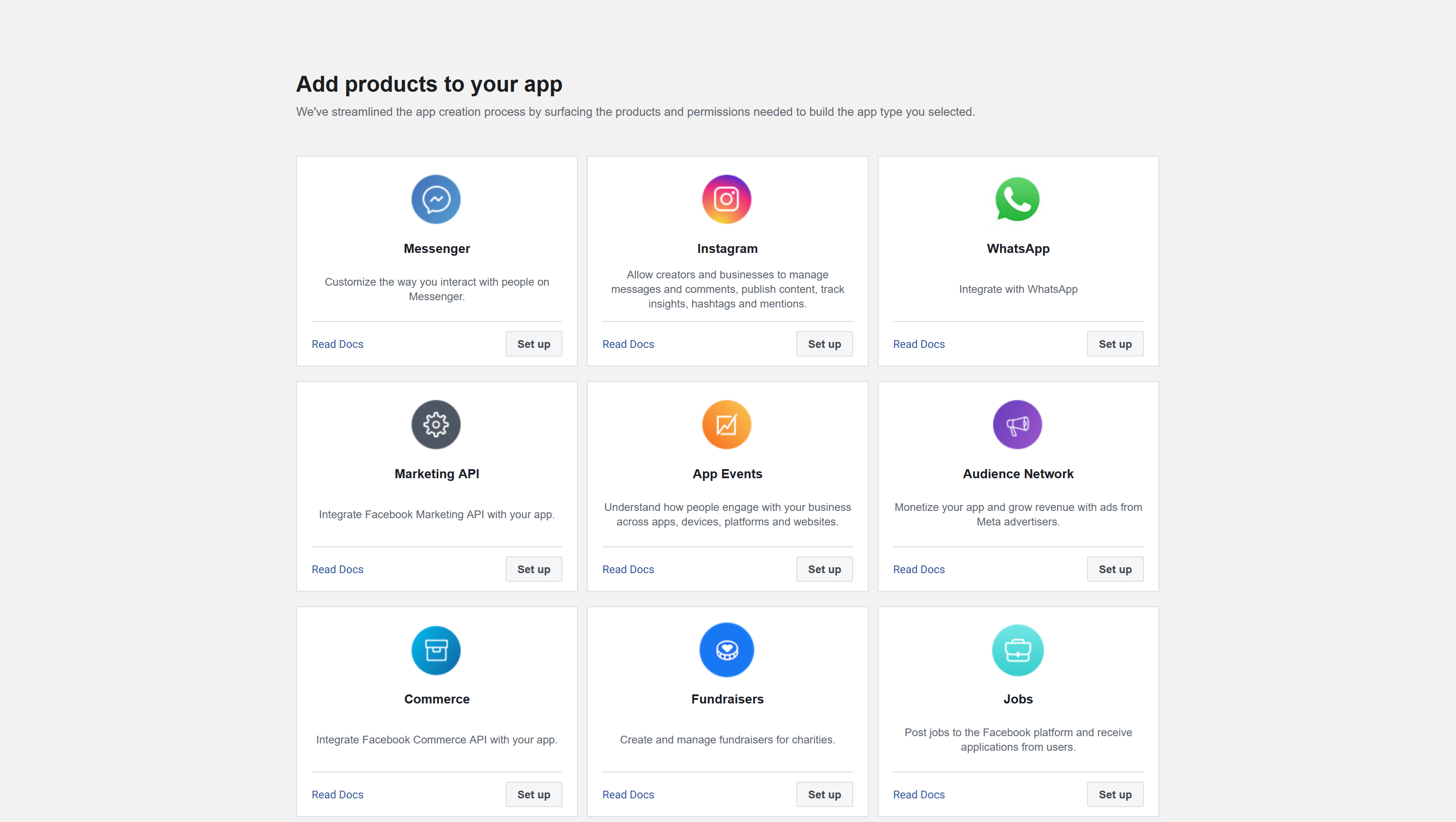 The Add products to your app section of the Meta app creation screen, with Instagram among the products
