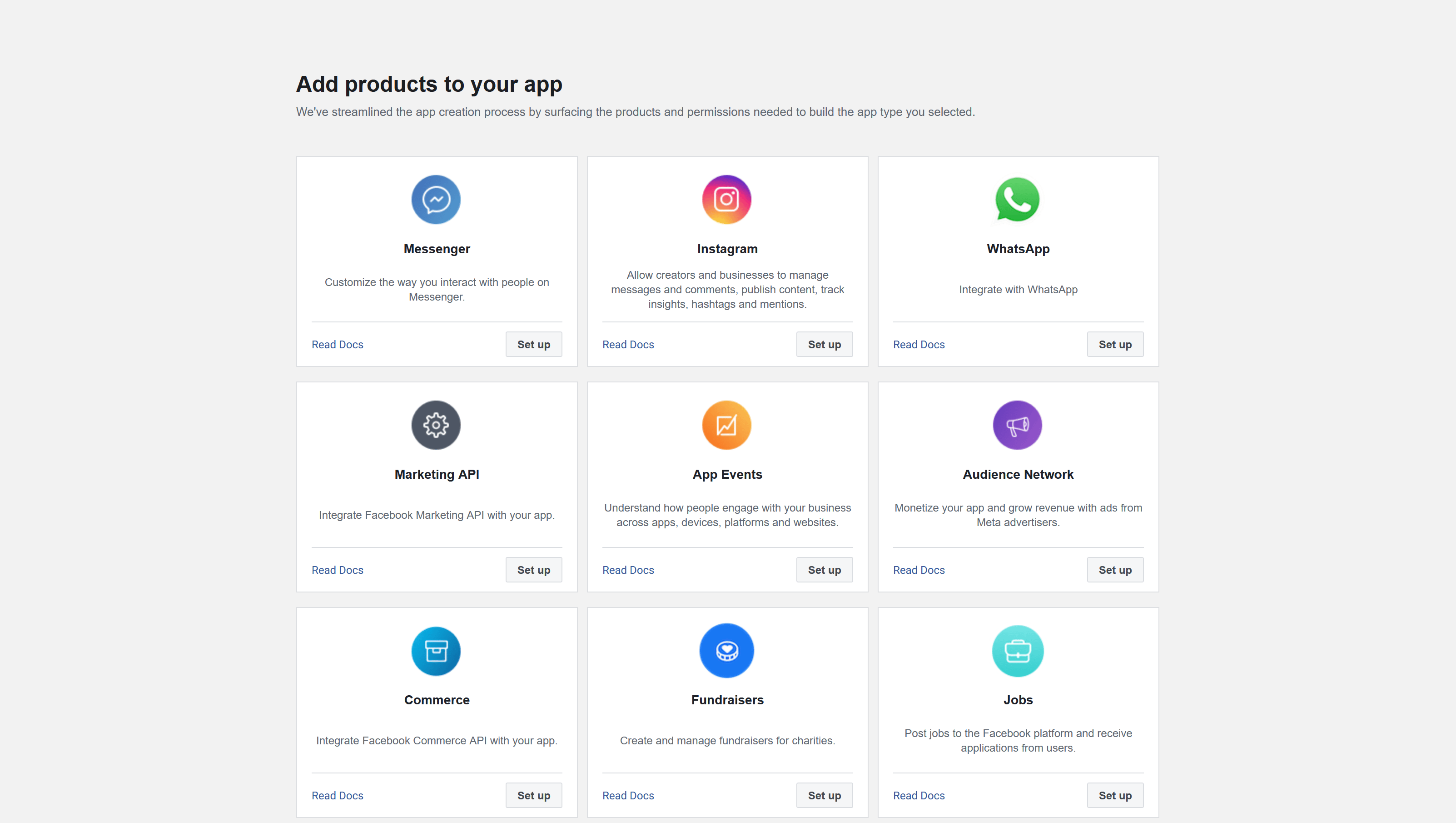 The Add products to your app section of the Meta app creation screen, with Instagram among the products