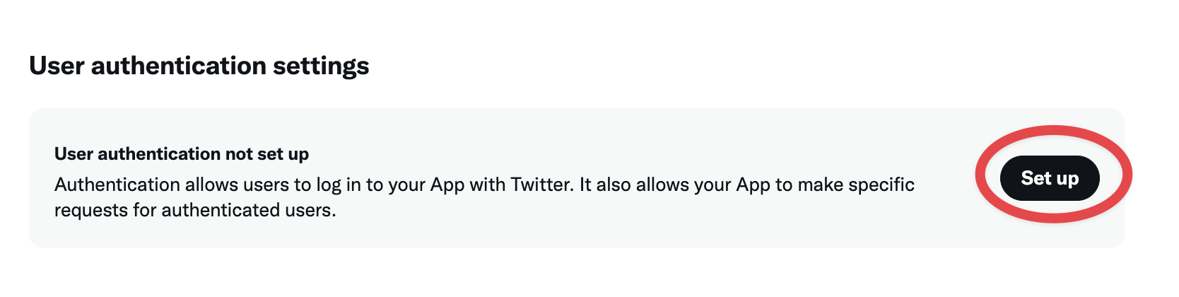 The user authentication settings screen, where App Permission, Type of App and the callback URL are set