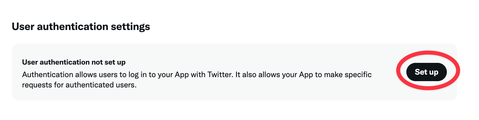 The user authentication settings screen, where App Permission, Type of App and the callback URL are set