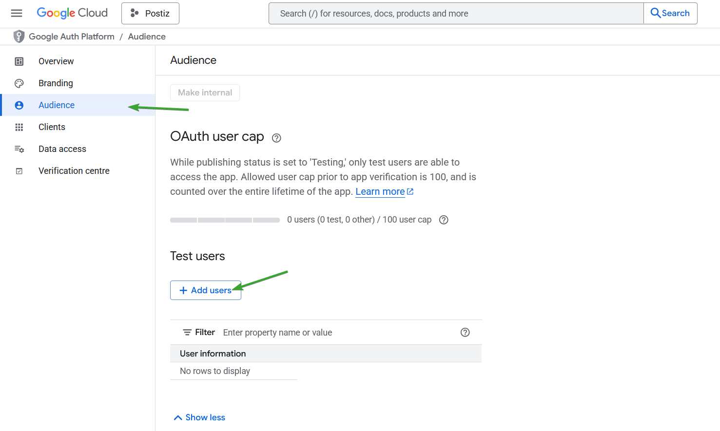 The OAuth consent screen test users panel, with the control for adding your own account
