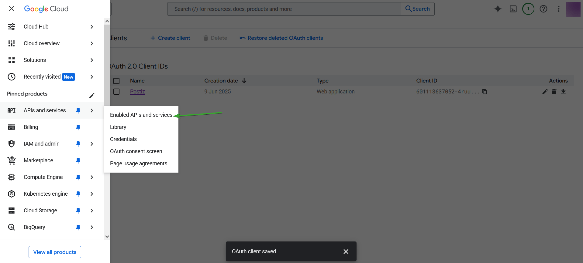 The Enabled APIs and Services page in Google Cloud Console