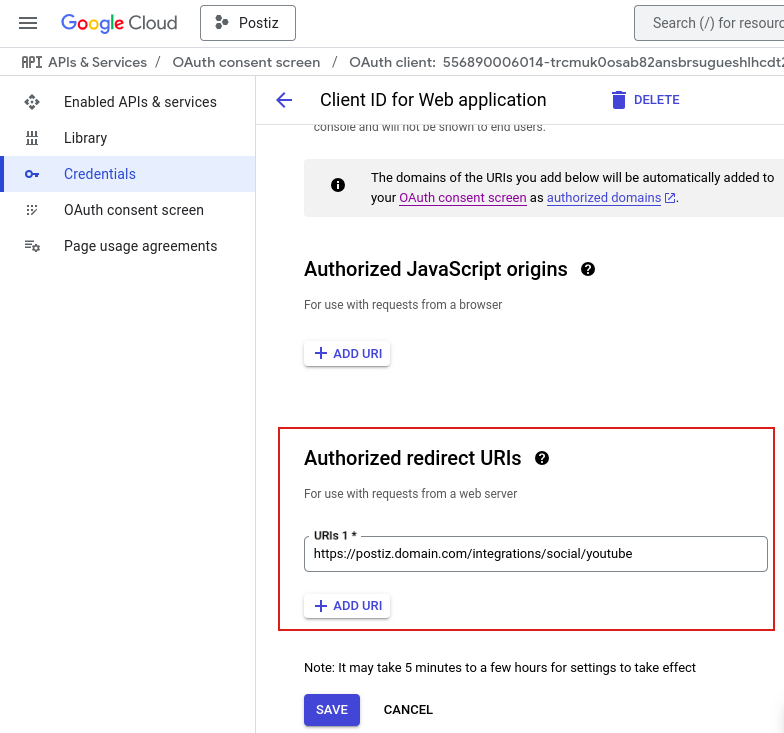 The OAuth client configuration in Google Cloud Console, with the Authorized redirect URIs field