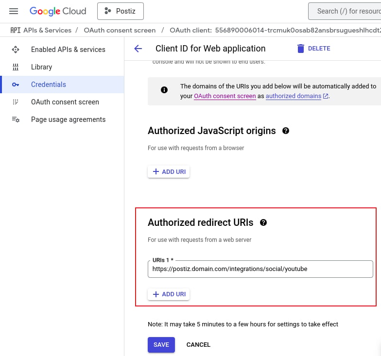 The OAuth client configuration in Google Cloud Console, with the Authorized redirect URIs field