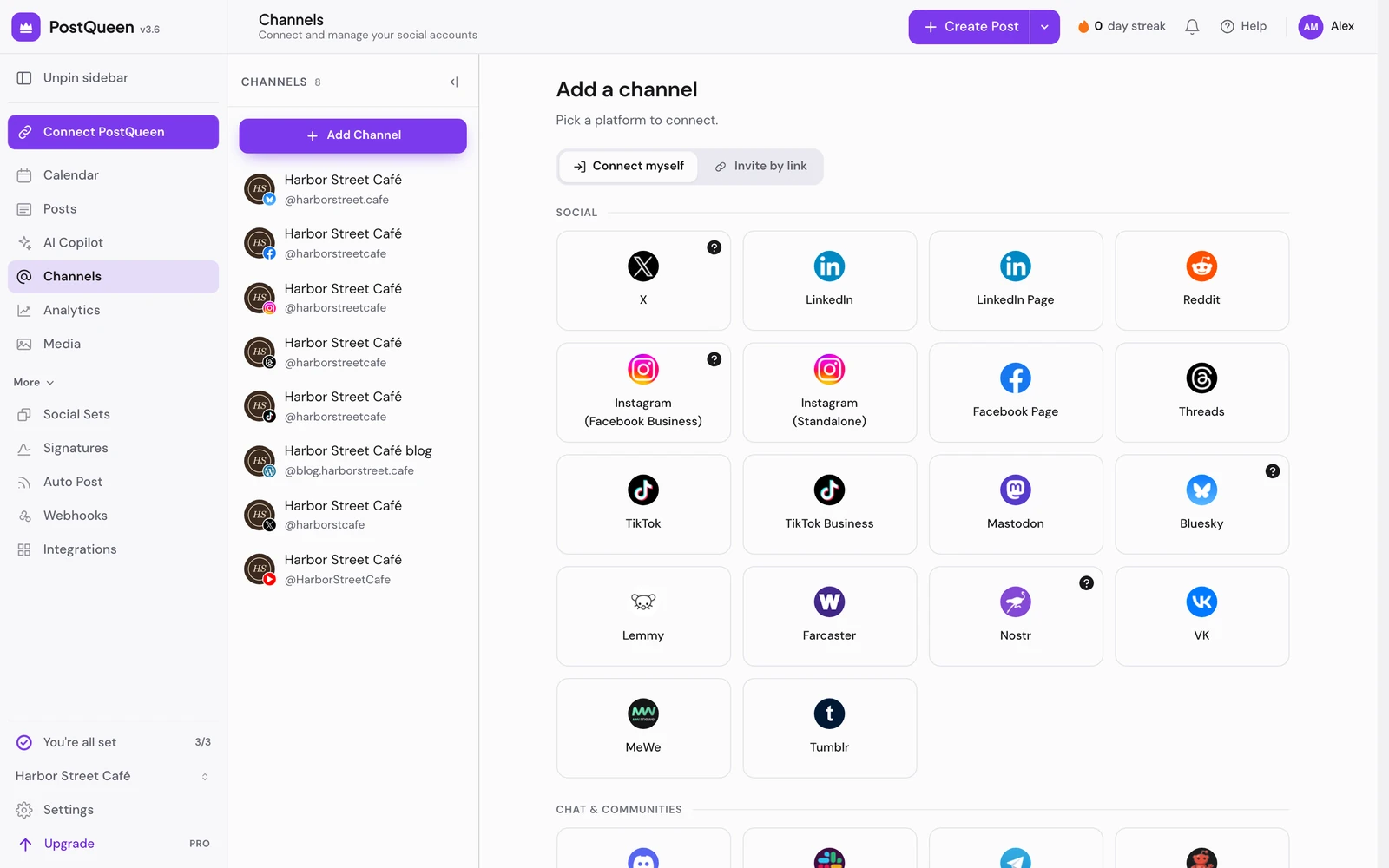 The Add a channel screen, with a tile for each network under Social