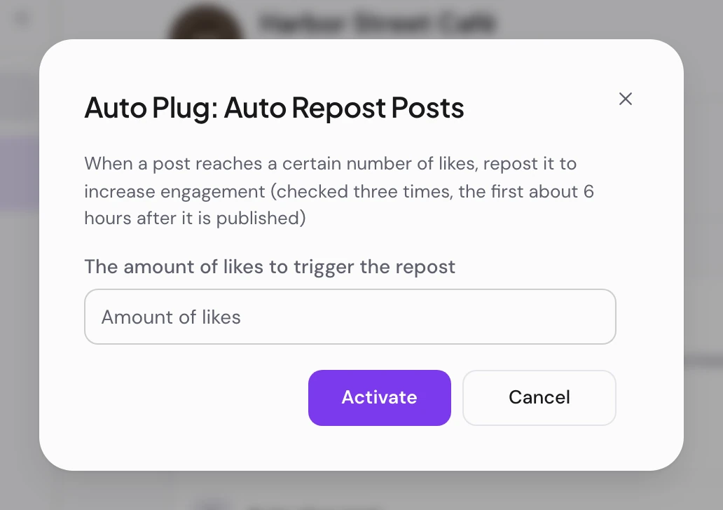 The Auto Plug: Auto Repost Posts dialog, asking for the number of likes that triggers the repost