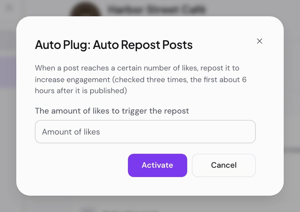 The Auto Plug: Auto Repost Posts dialog, asking for the number of likes that triggers the repost