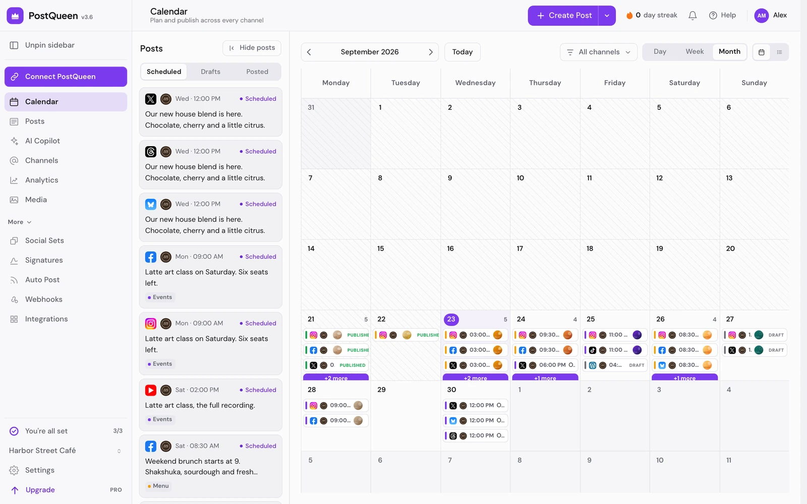 The app with the left rail, the header with Create Post, the Posts panel and the calendar in Month view