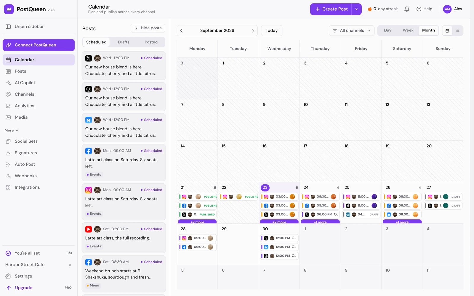 The app with the left rail, the header with Create Post, the Posts panel and the calendar in Month view