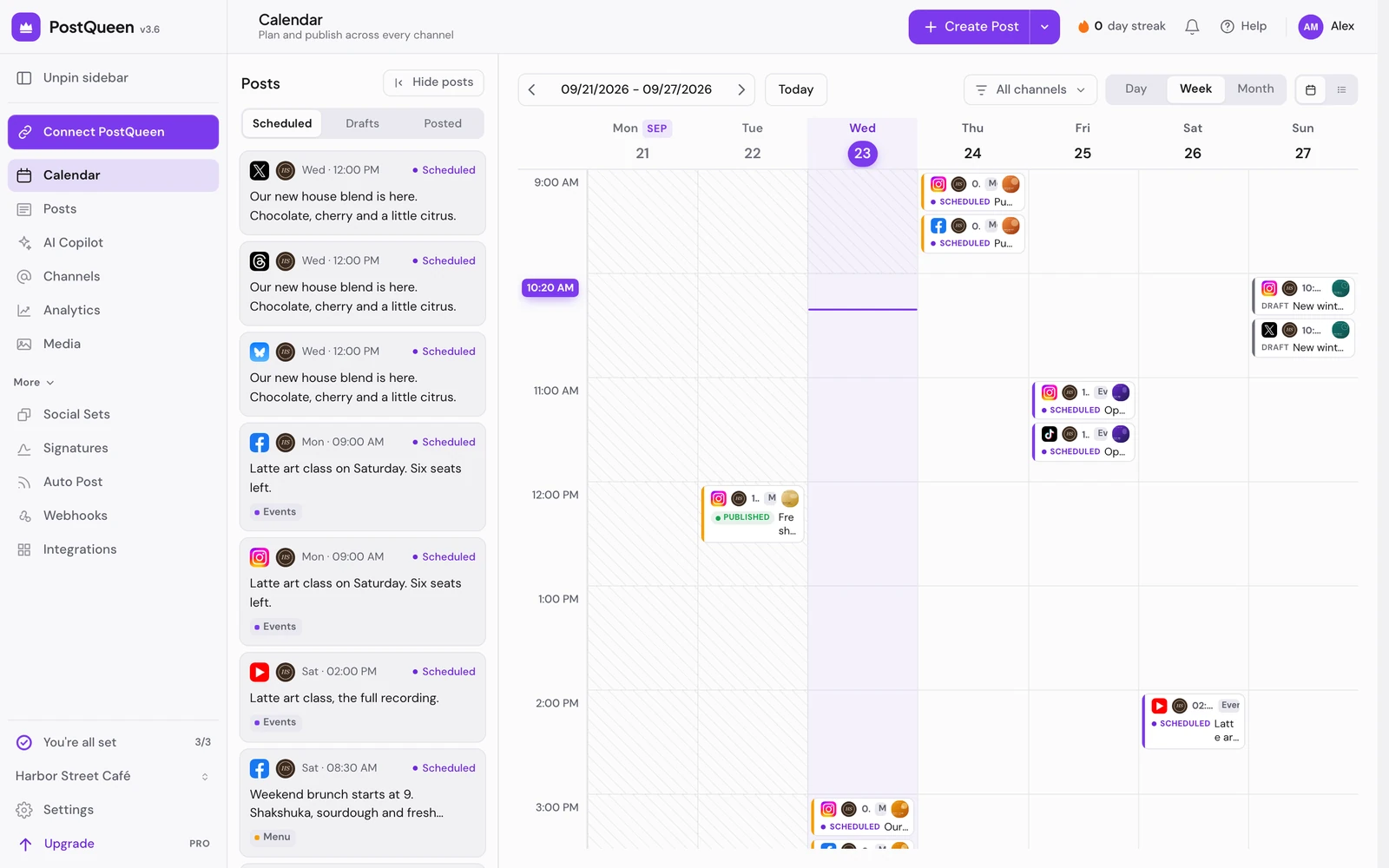 The calendar in Week view, with the Posts panel listing scheduled posts on the left