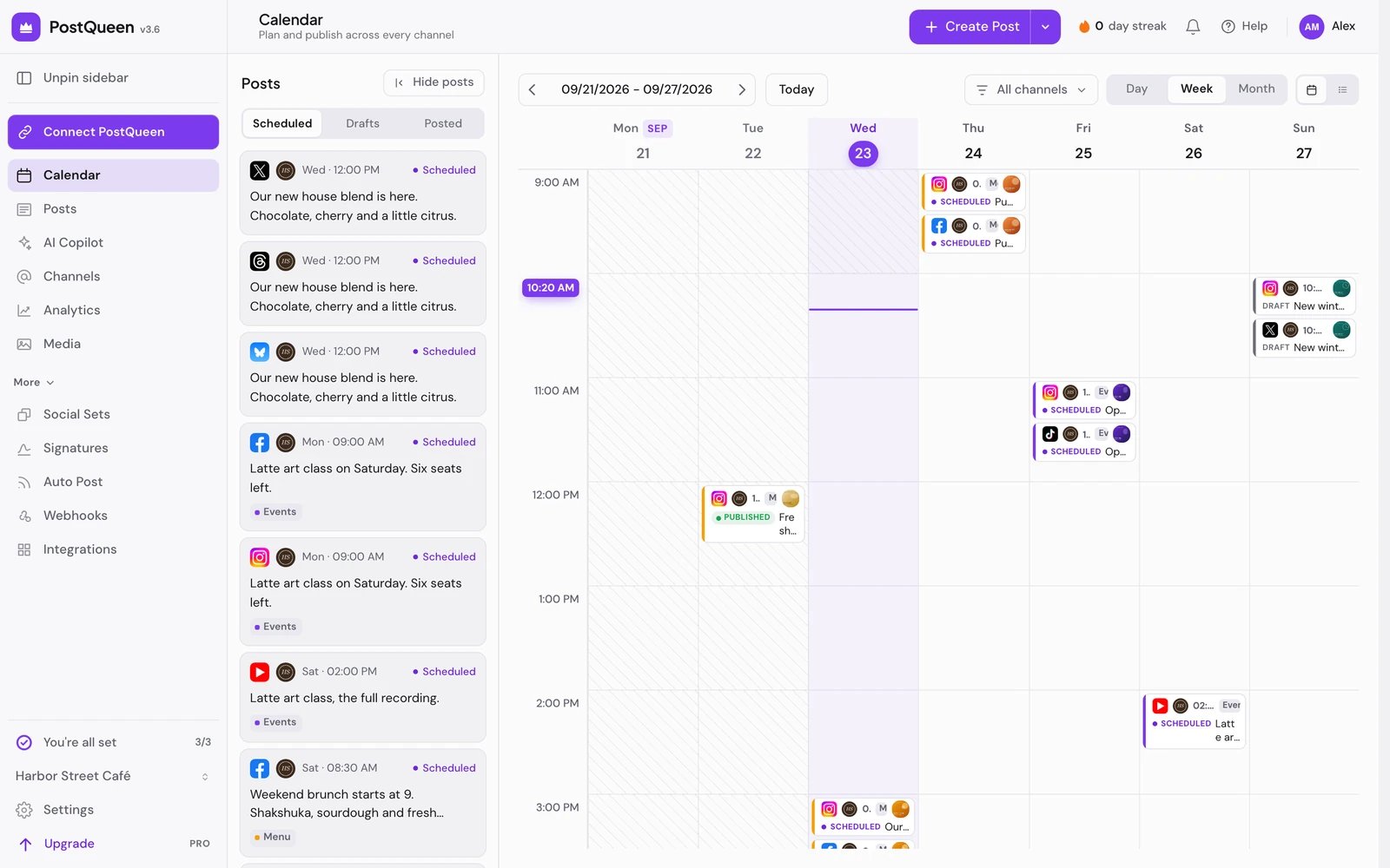 The calendar in Week view, with the Posts panel listing scheduled posts on the left