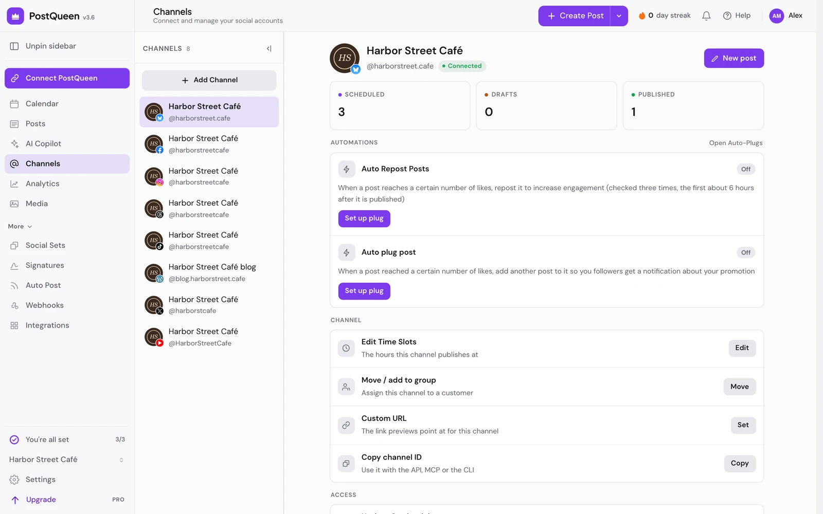 The Channels page with a channel open: its scheduled, draft and published counts, its automations and its channel settings