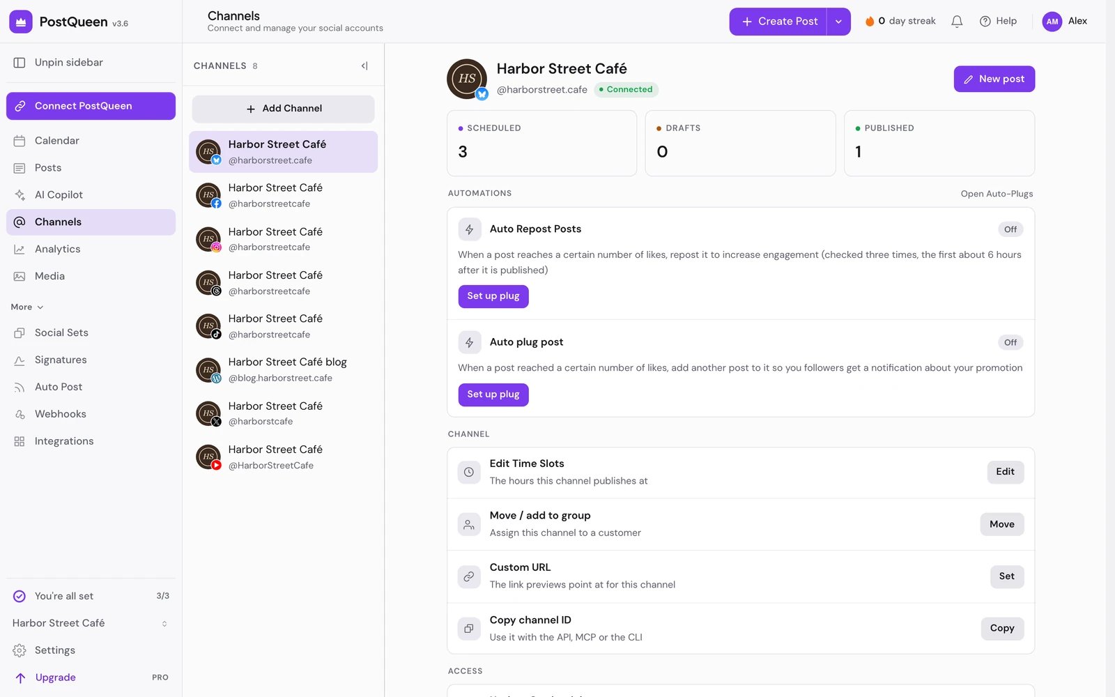 The Channels page with a channel open: its scheduled, draft and published counts, its automations and its channel settings