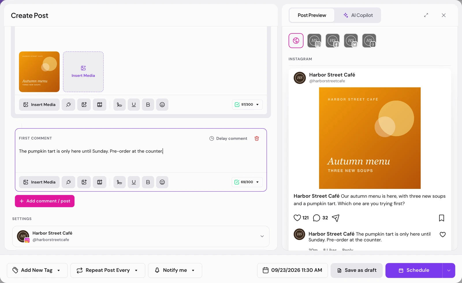 The composer with a first comment under the post, its Delay comment control, and the comment in the preview