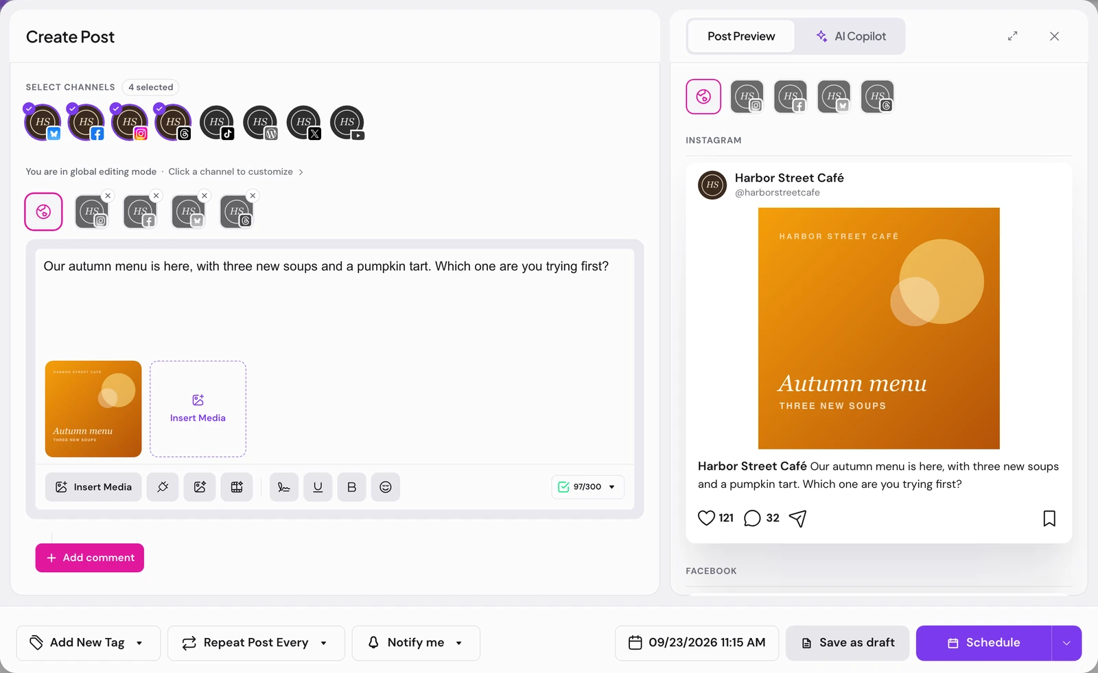The Create Post composer with four channels picked, the post text and an image, and the Instagram preview on the right