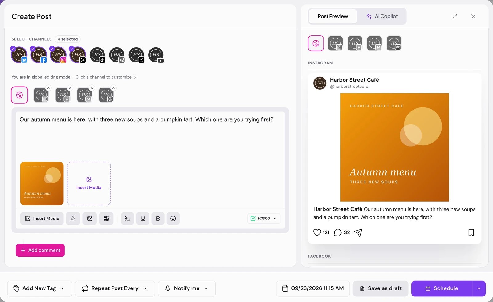 The Create Post composer with four channels picked, the post text and an image, and the Instagram preview on the right