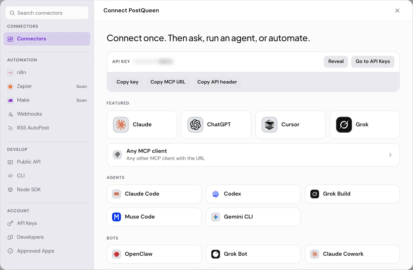 The Connections window with the API key hidden, its copy buttons, and cards for Claude, ChatGPT, Cursor, Grok and other agents