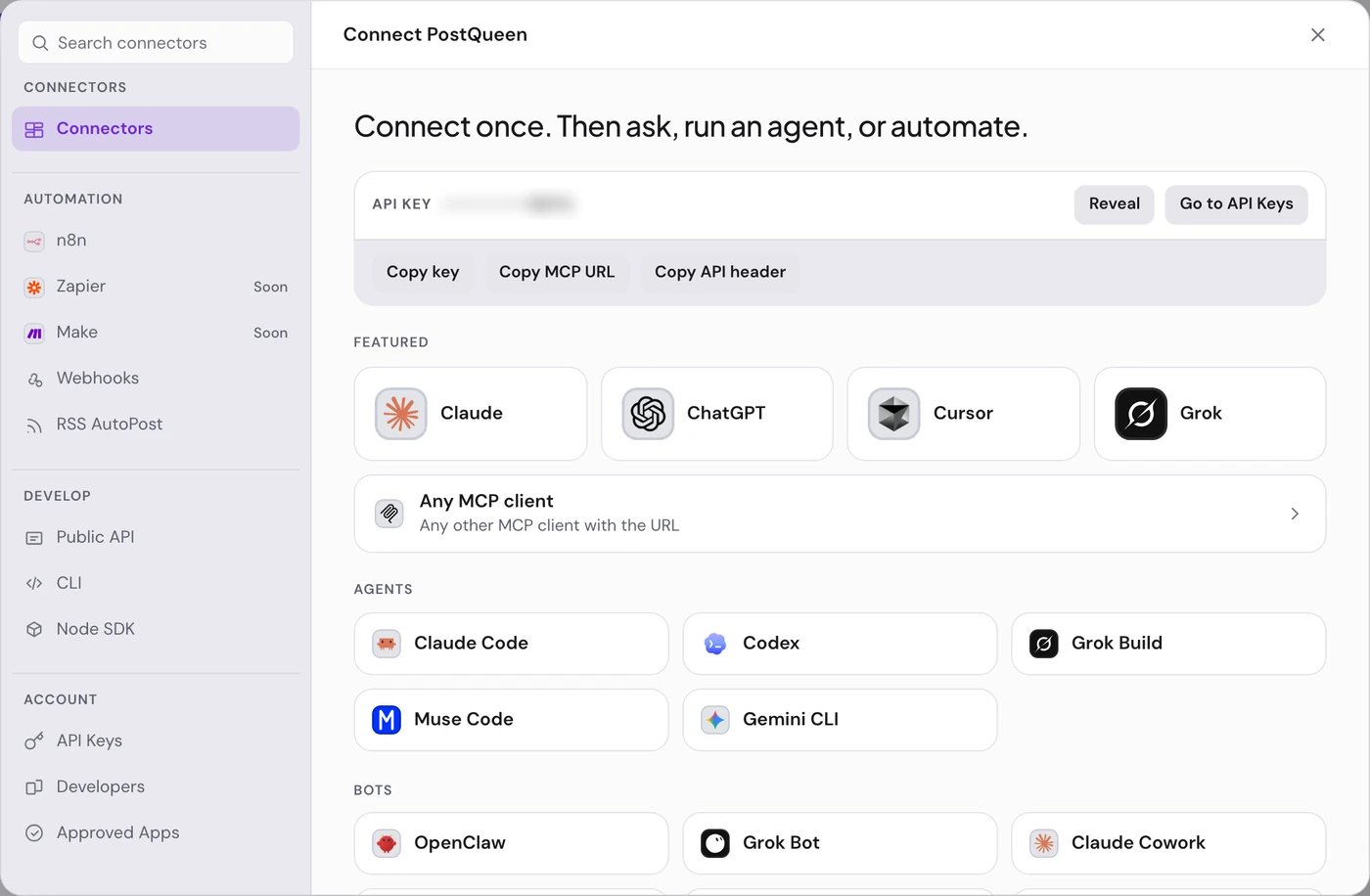 The Connections window with the API key hidden, its copy buttons, and cards for Claude, ChatGPT, Cursor, Grok and other agents