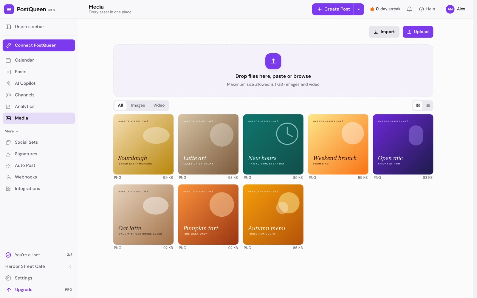 The Media page with the upload area, the All, Images and Video filters and a grid of images