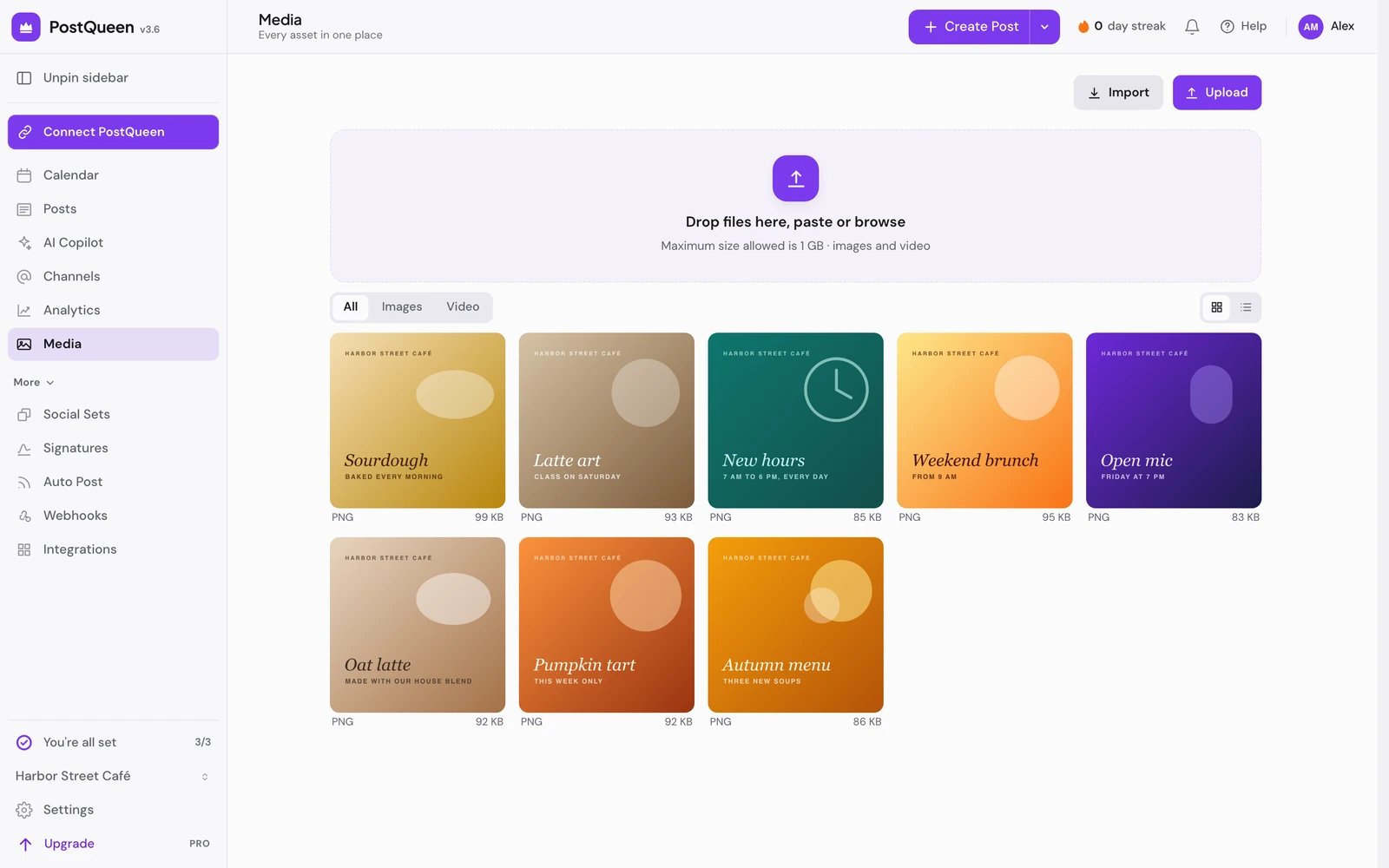 The Media page with the upload area, the All, Images and Video filters and a grid of images
