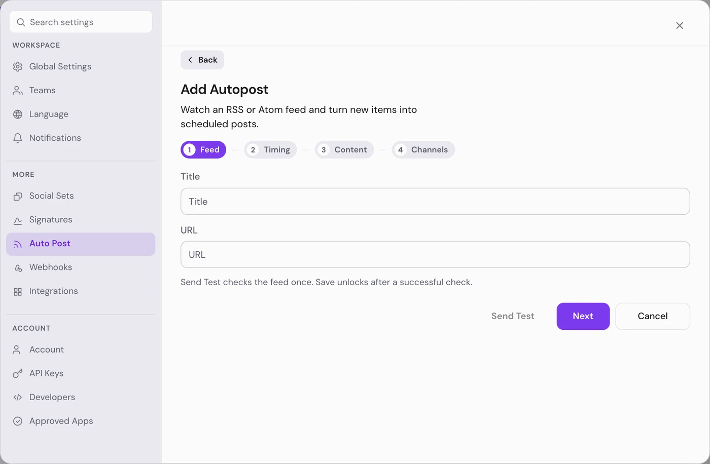 The Add Autopost form on its Feed step, with the Title and URL fields and Send Test