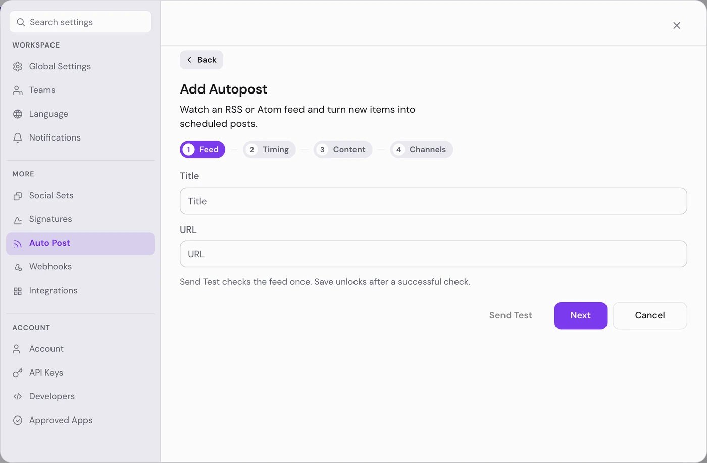 The Add Autopost form on its Feed step, with the Title and URL fields and Send Test