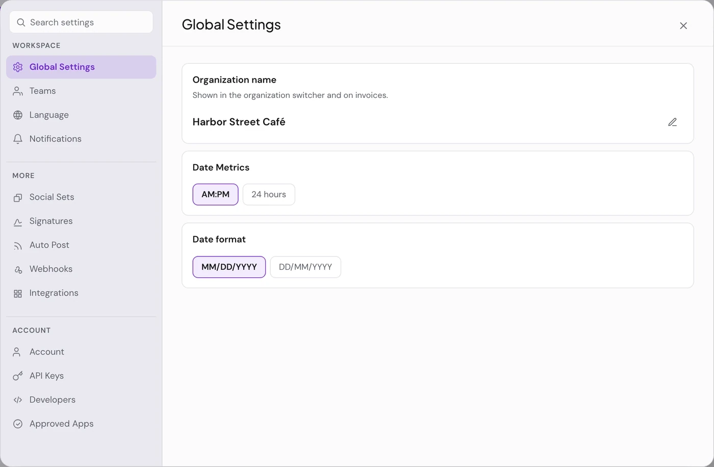 Settings open on Global Settings, with the organization name and the time and date formats