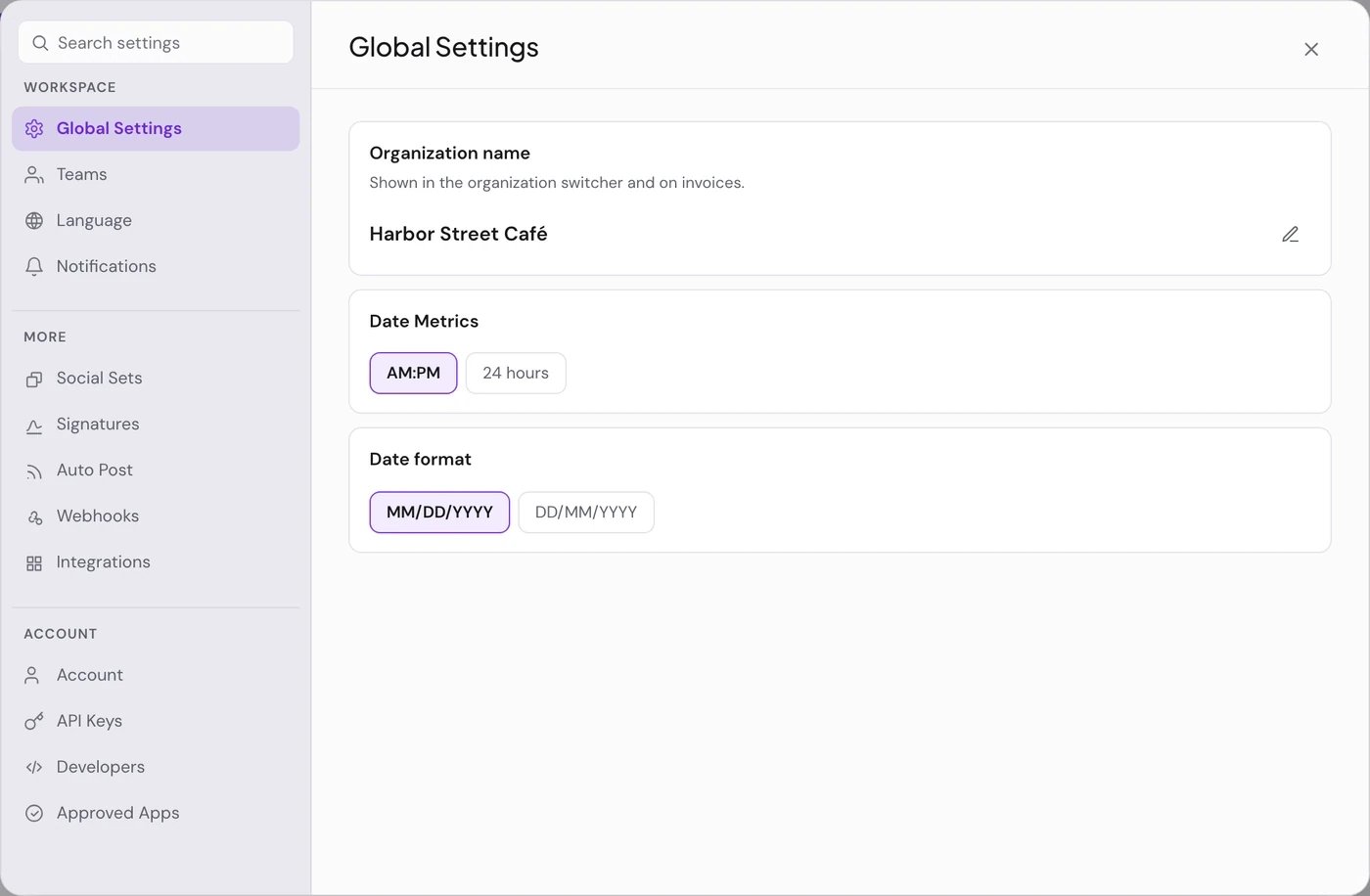 Settings open on Global Settings, with the organization name and the time and date formats