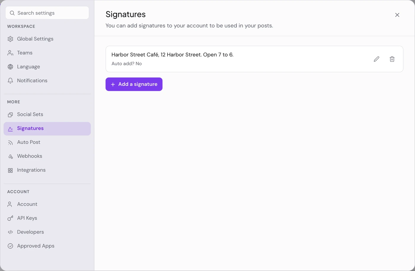 Settings open on Signatures, with one saved signature and Add a signature