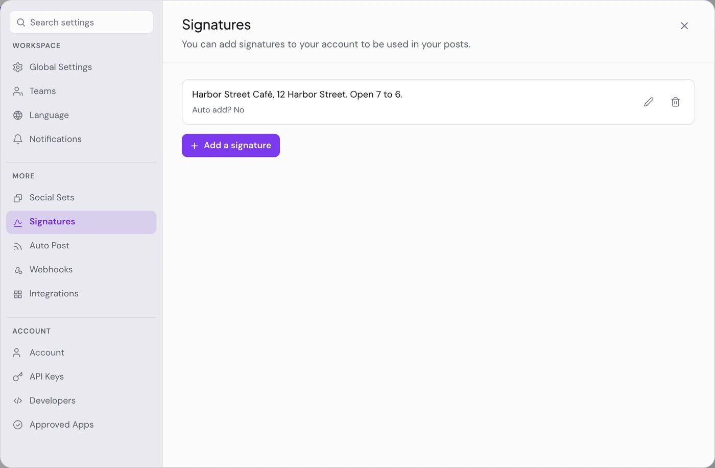 Settings open on Signatures, with one saved signature and Add a signature
