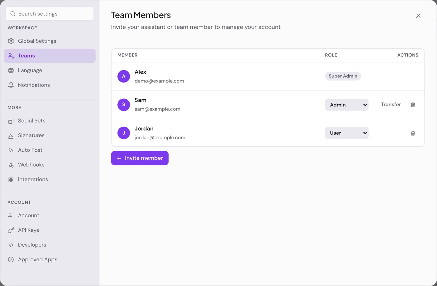 Settings open on Teams, listing a Super Admin, an Admin and a User, with Invite member