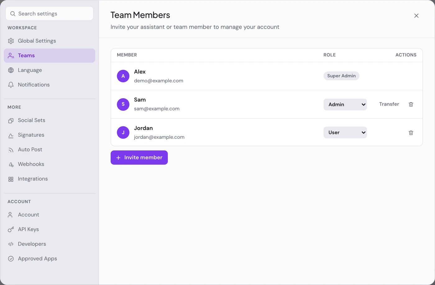 Settings open on Teams, listing a Super Admin, an Admin and a User, with Invite member