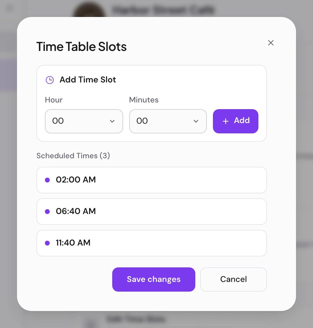 The Time Table Slots dialog with three scheduled times and the controls to add another