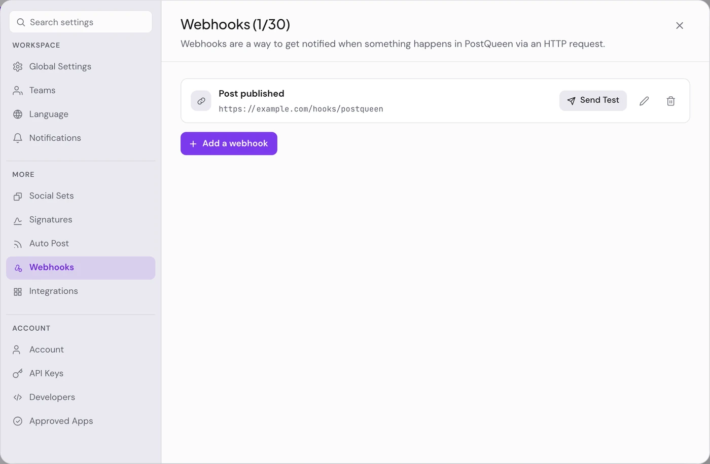 Settings open on Webhooks, with one webhook named Post published and its Send Test button