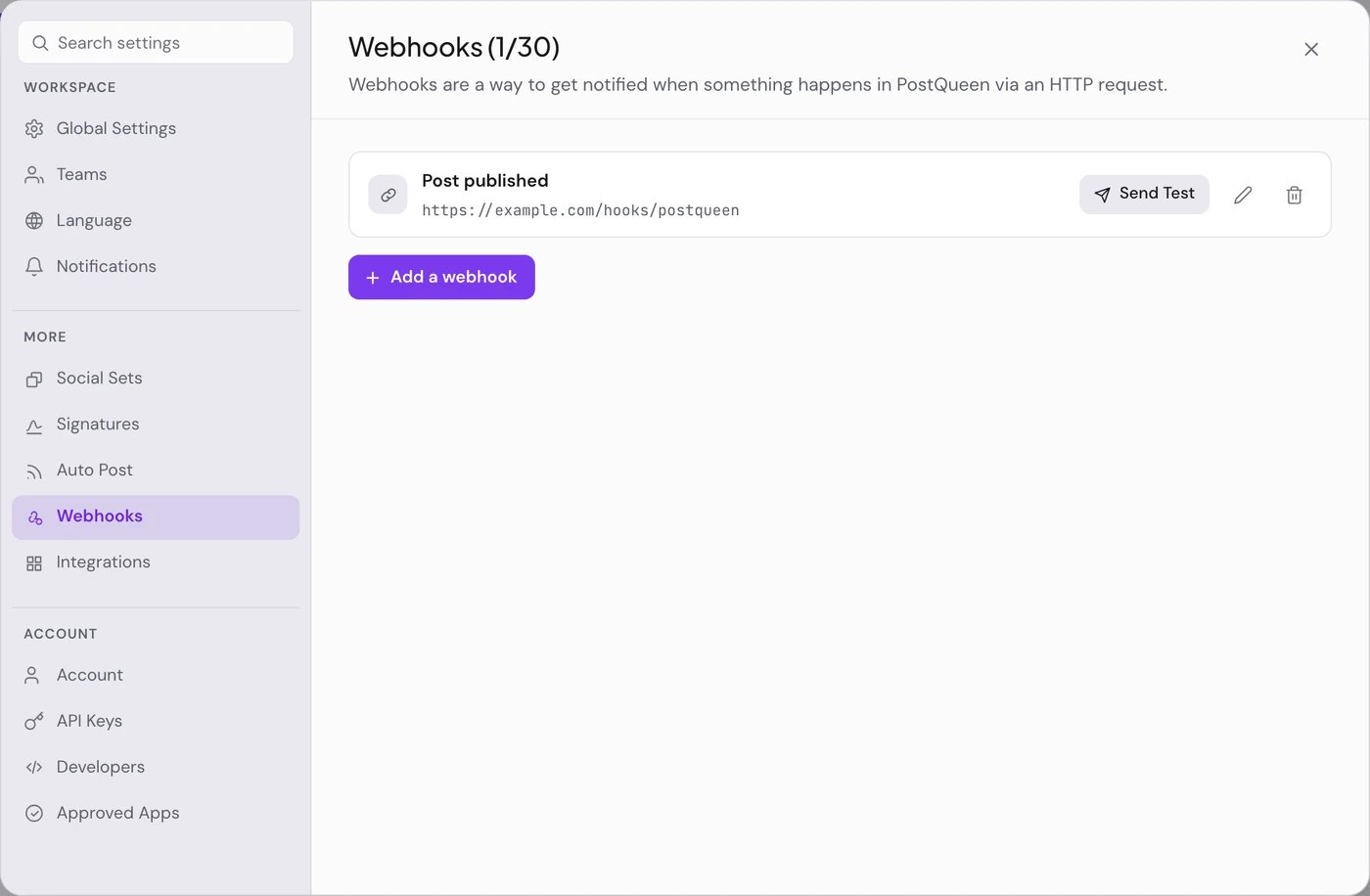 Settings open on Webhooks, with one webhook named Post published and its Send Test button