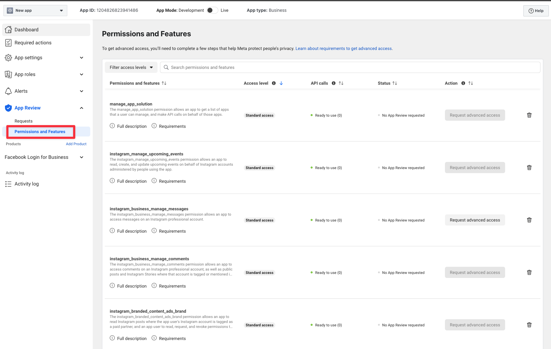 Advanced permissions screen