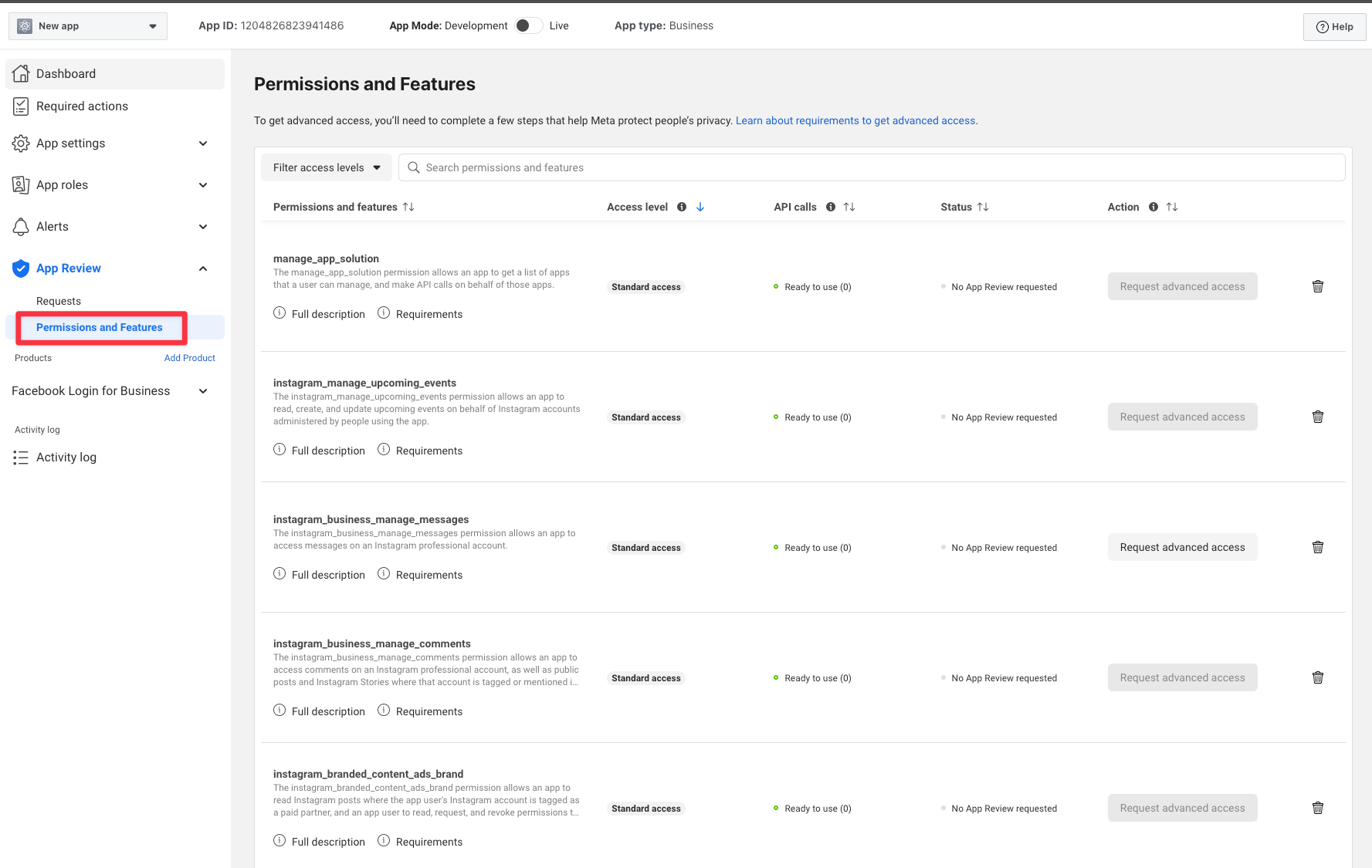 Advanced permissions screen