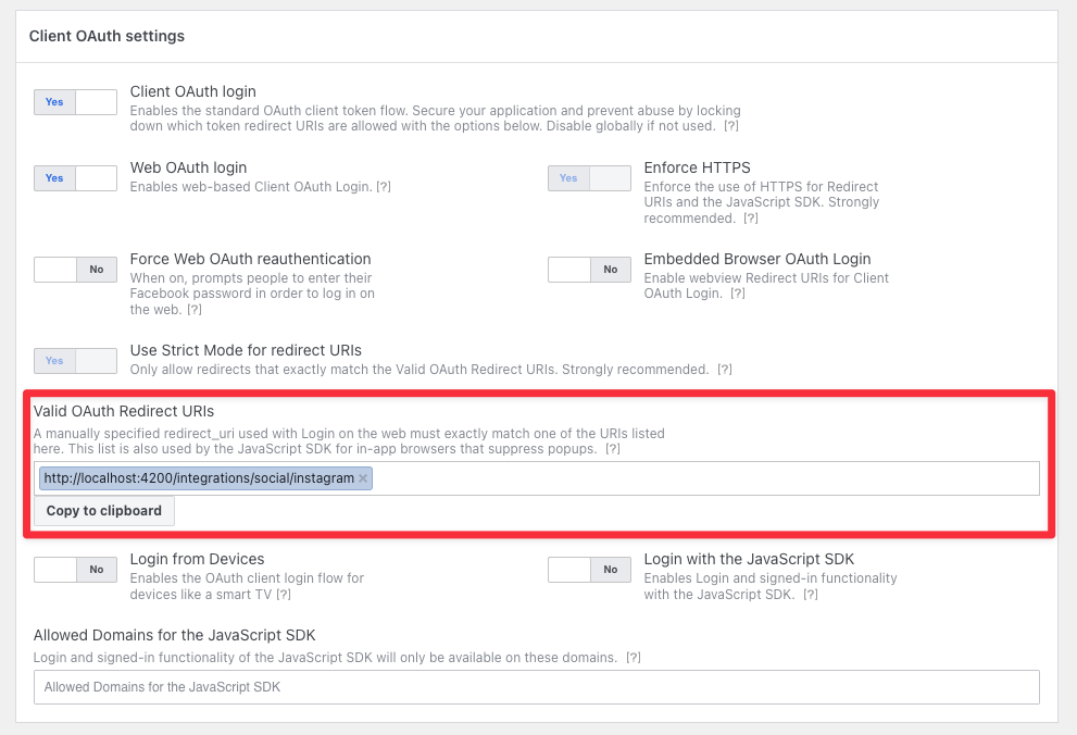 Valid OAuth Redirect URIs field in Client OAuth settings