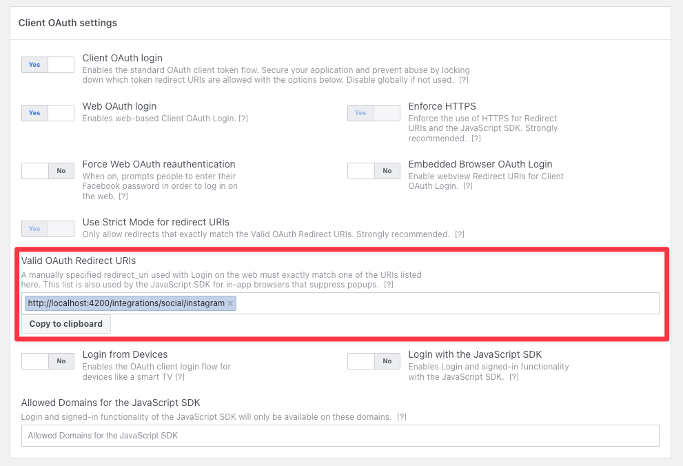 Valid OAuth Redirect URIs field in Client OAuth settings