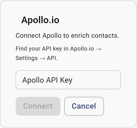Apollo API key entry on the integration card