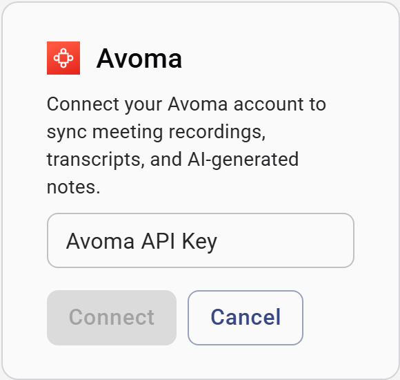 Avoma API key entry on the integration card
