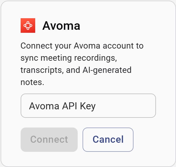 Avoma API key entry on the integration card
