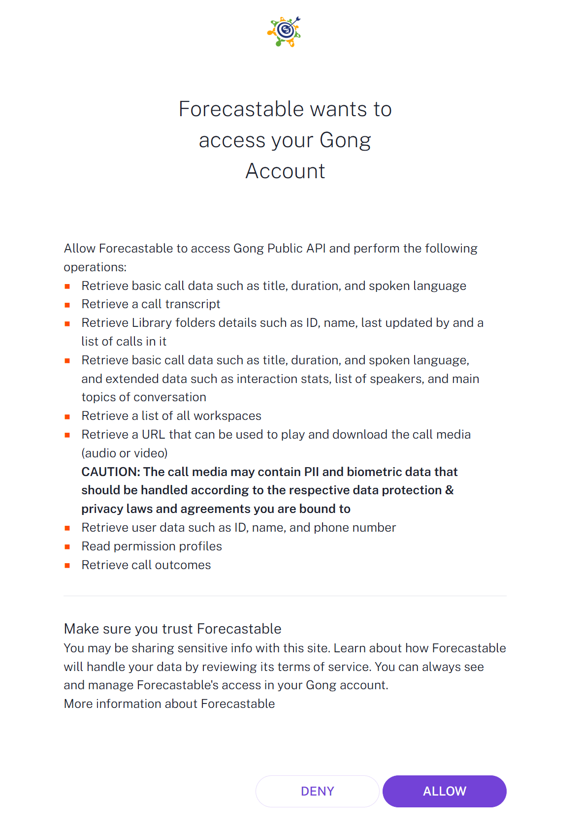 Gong authorization screen