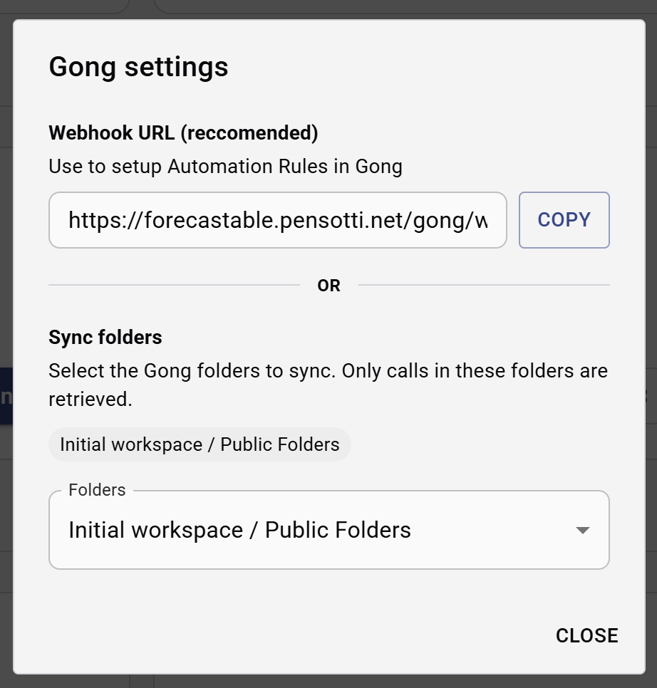 Gong settings dialog
