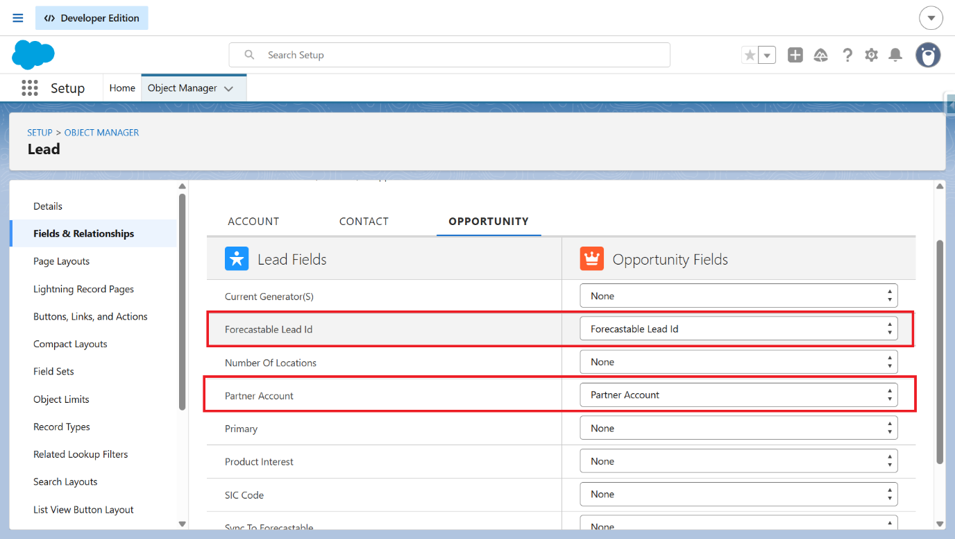 Lead to Opportunity field mappings for Forecastable Lead Id and Partner Account