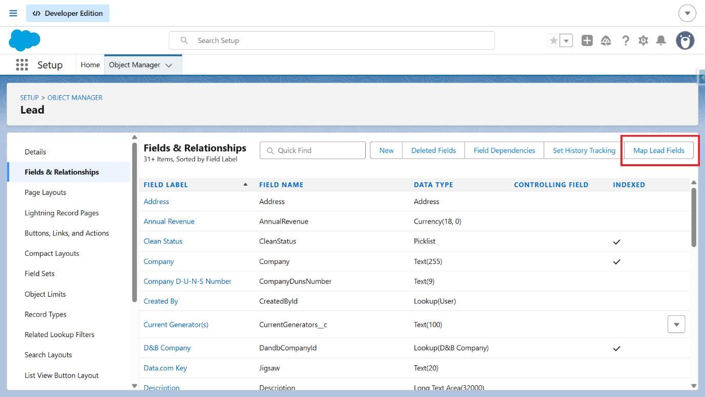Fields and Relationships page with Map Lead Fields highlighted