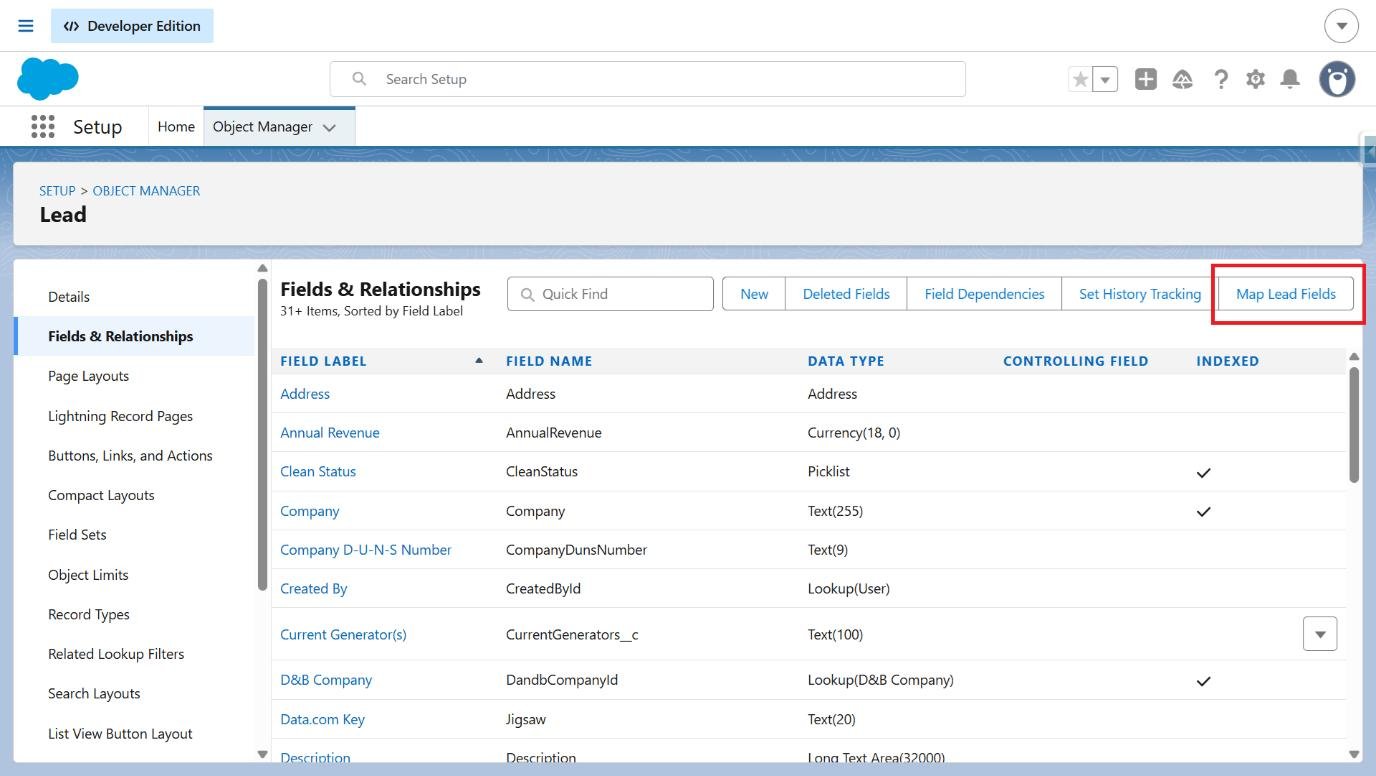 Fields and Relationships page with Map Lead Fields highlighted